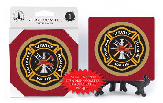 SJT Coaster Fire Department Badge absorbent stone coaster with easel