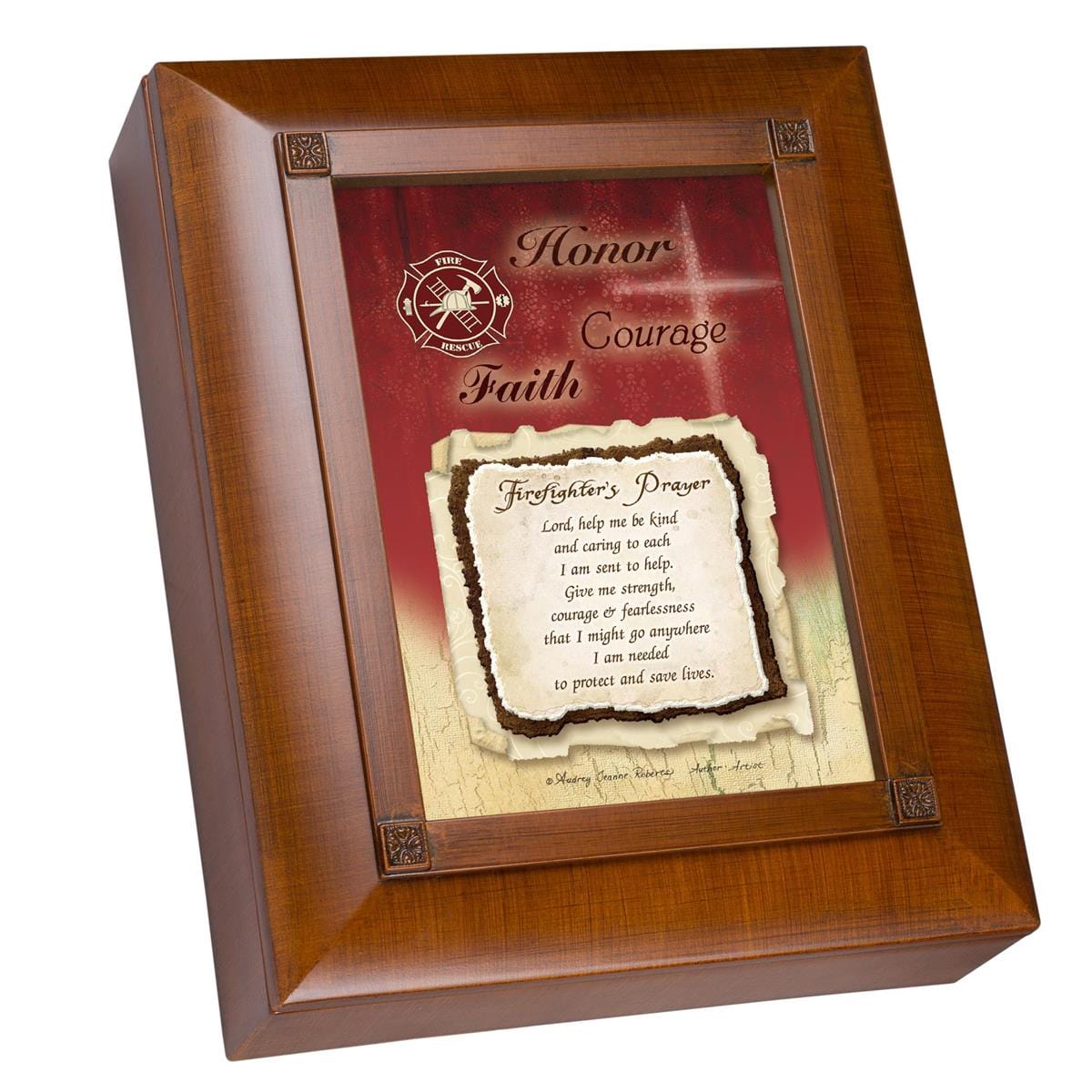 Cottage Garden Desk Decor Firefighter's Prayer Woodgrain Embossed Remembrance Keepsake Box
