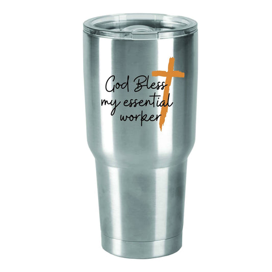 Dicksons Beverage Holder GOD BLESS MY ESSENTIAL WORKER TUMBLER WITH CROSS