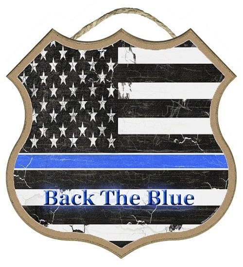 SJT Wall Decor Back The Blue Flag 10" Shield shape wood plaque, sign. Police